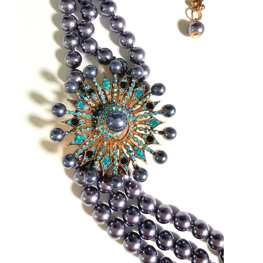 Li Hang Yuan Sunburst Faux Pearl Stones Multi Strand Statement Necklace Event